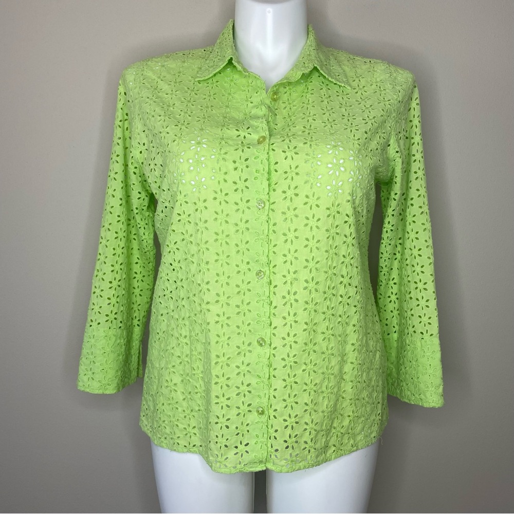 Falls Creek Lime Green Eyelet Cotton 3/4 Sleeve Top/Cover Up